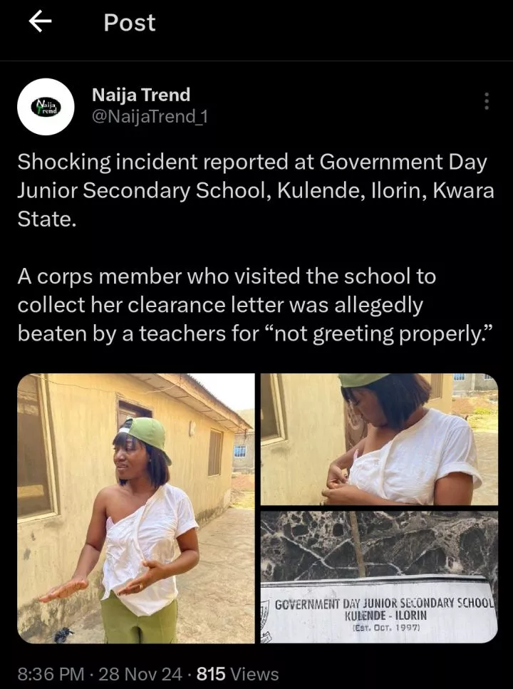 Teacher allegedly assaults corps member for 'not greeting properly' as she visits school for clearance letter