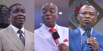 L-R:  Bishops David Abioye, Bishop David Oyedepo, and Thomas Aremu. [Facebook]