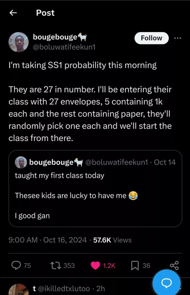 Teacher uses 27 envelopes with 5 containing ₦1,000 cash to teach probability to SS1 students