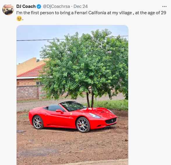 South African man celebrates as he becomes the first person to bring a Ferrari to his village at the age of 29