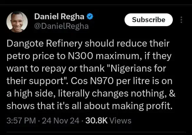 Dangote should sell his fuel for N300 - Daniel Regha