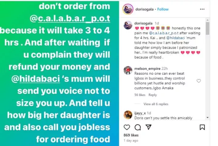 How Hilda Baci's mother insulted me after canceling food order- Doris Ogala drags chef's mother