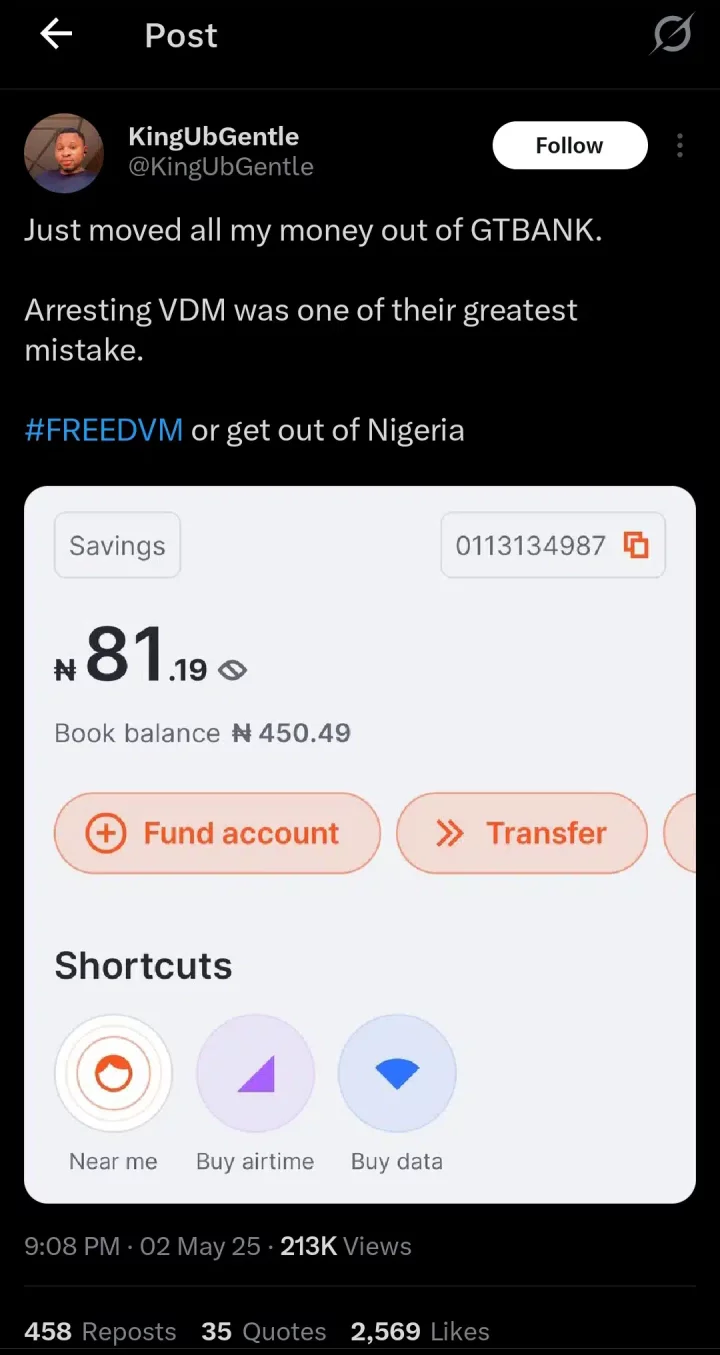 Man closes GTbank account to protest VeryDarkMan's arrest, calls it a huge mistake