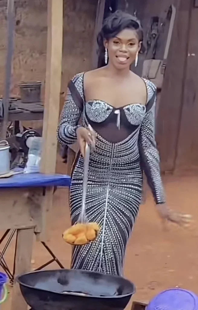 'Akara in grand style' - Reactions as lady wears her best outfit to sell Akara
