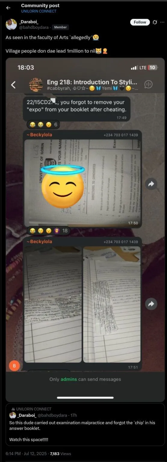 200-level UNILORIN student submits exam script with cheating material