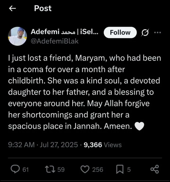 Woman passes away one month after childbirth left her in coma