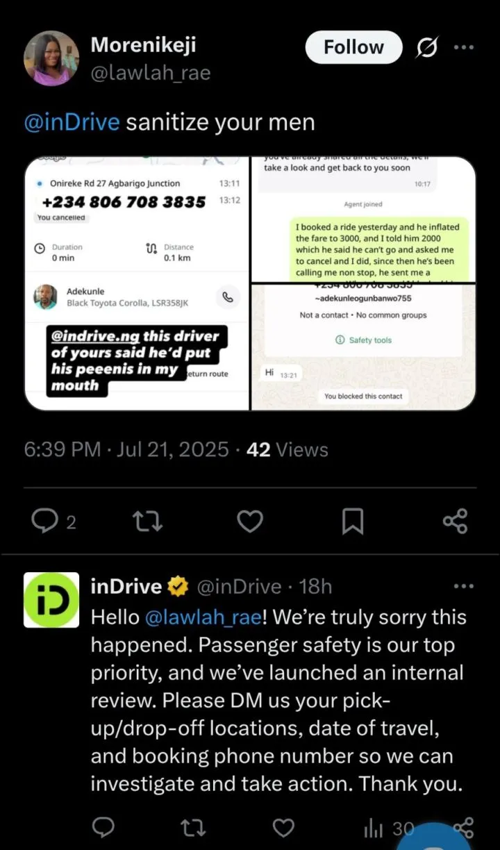 Lady cries out as inDrive driver she hired professes love, begs to put penis in her mouth