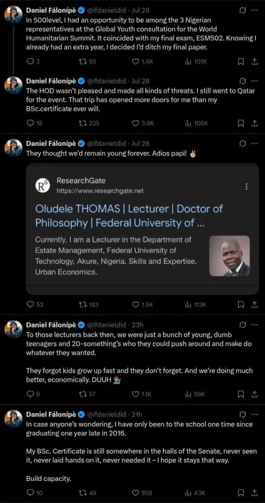 FUTA graduate exposes lecturer who failed him in final year despite senate-approved NUGA exemption