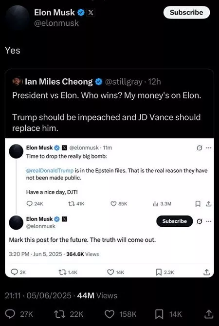 Elon Musk Calls For Trump's Impeachment Amid Feud