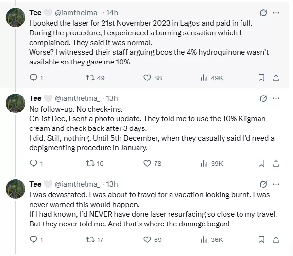 Lady accuses aesthetic clinic of permanent scar following skincare treatment