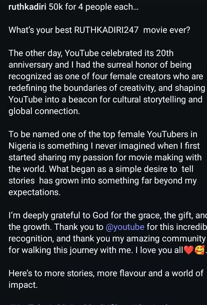 Ruth Kadiri reacts to YouTube recognition