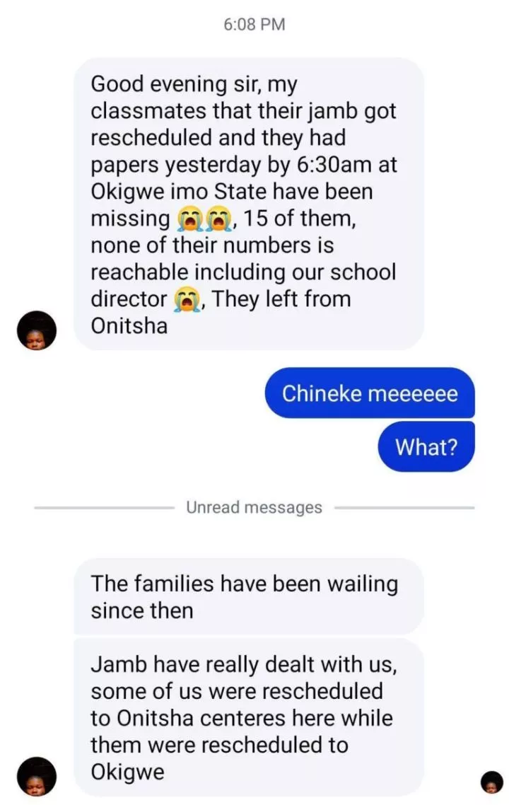 15 students, school director unreachable 24 hours after leaving Onitsha for JAMB exam in Imo