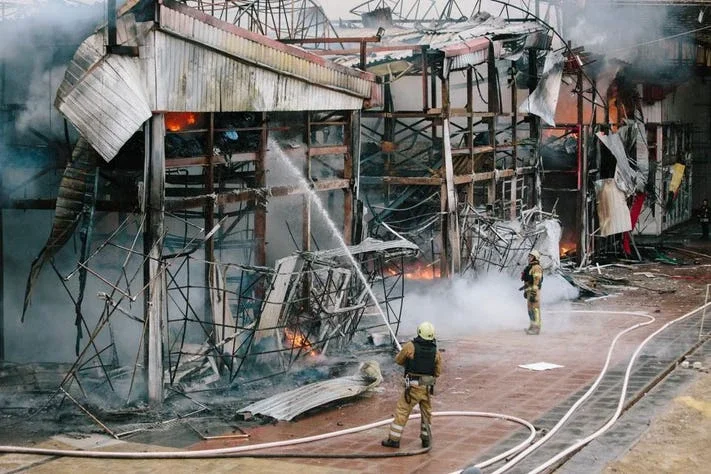 Fire At The Market As A Result Of A Russian Attack On Kharkiv.