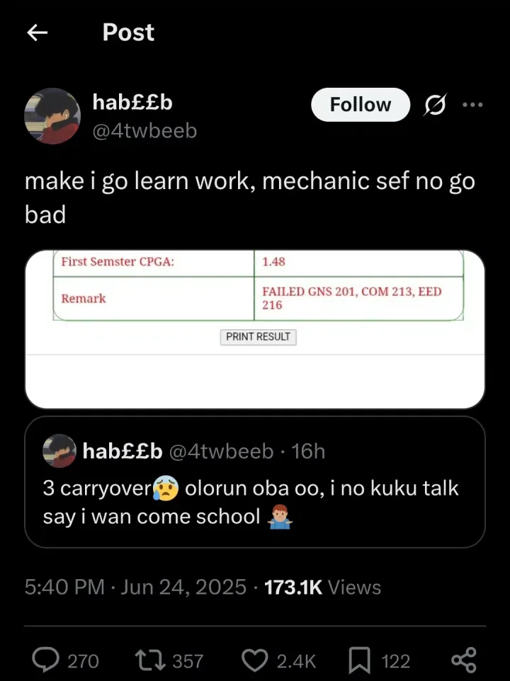 Man opens up on poor start in higher institution with 3 carry over and 1.48 CGPA