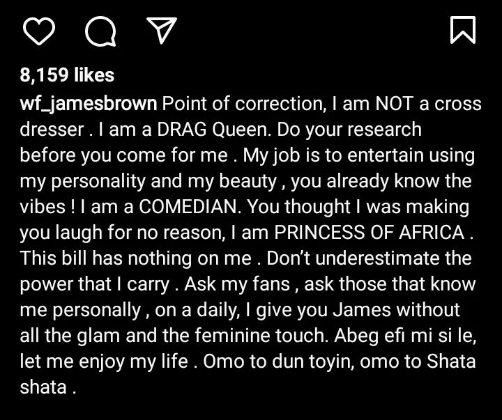 'James Brown is scared!' - Netizens react as crossdresser expresses concern over anti-crossdressing bill