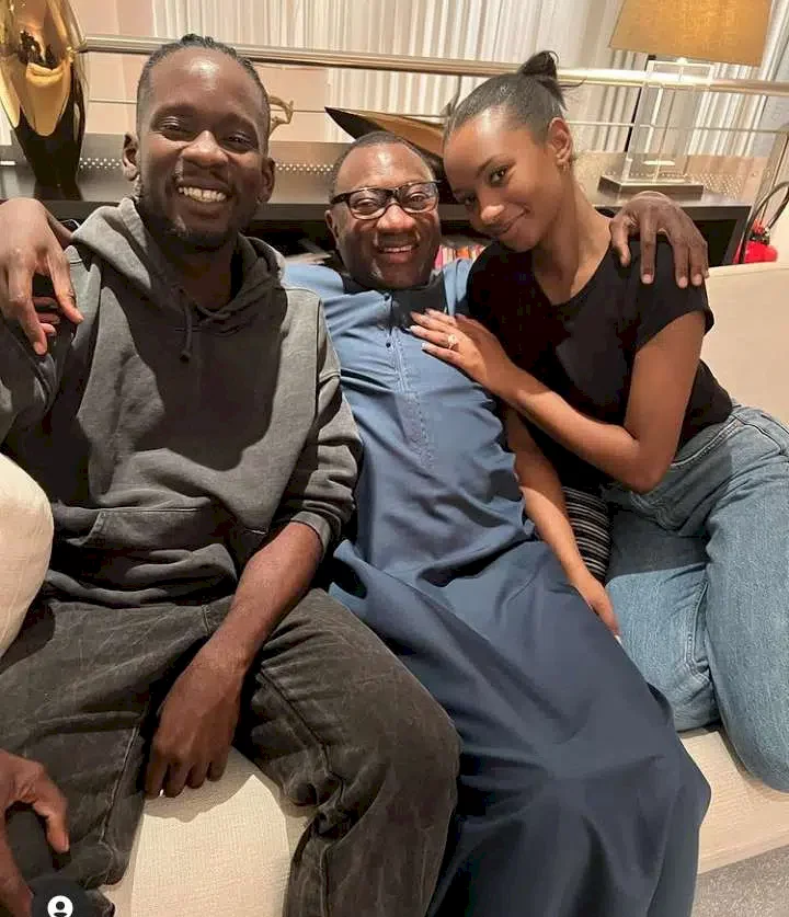"Eazi does it" - Femi Otedola writes as he strikes pose with daughter, Temi and her fiancé, Mr Eazi