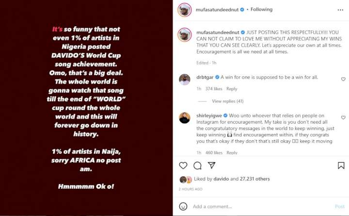 'It's so funny that not even 1% of artists in Nigeria posted Davido's World Cup song achievement' - Tunde Ednut vents