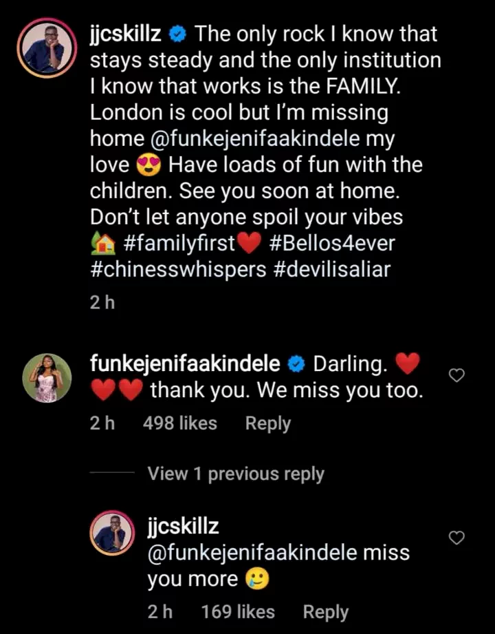 'My love I'm missing home' - JJC Skillz writes wife, Funke Akindele from London amid alleged marriage crisis; she replies