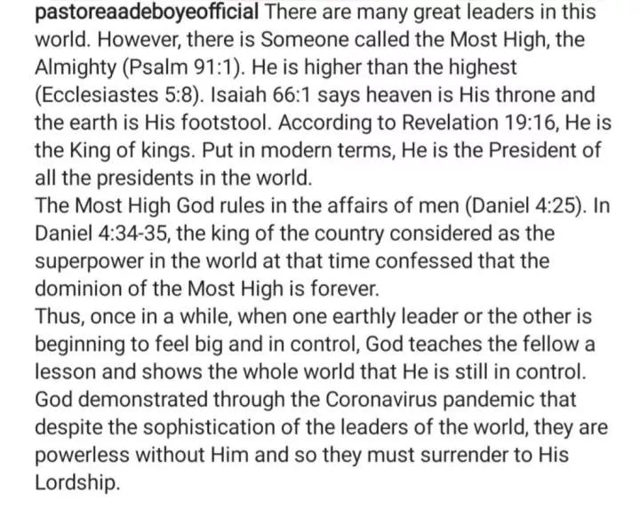 'Years ago a Nigerian military ruler was acting like he owned the country, when his cup became full God removed him permanently' - Pastor Adeboye writes addressing the general election