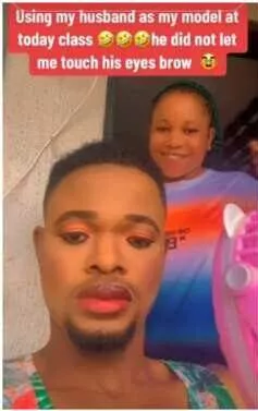 'See supportive husband' - Man praised for allowing wife use his face for makeup tutorials