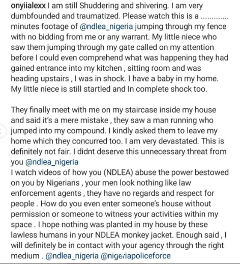 Actress Onyi Alexx shares video of NDLEA officers invading her premises