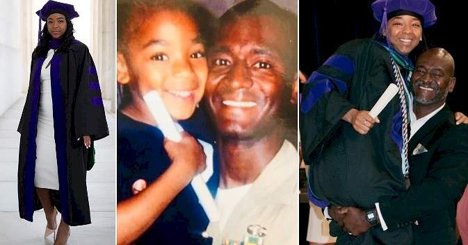 "We did it" - Lady recreates kindergarten graduation photo with her dad as she graduates from Law school