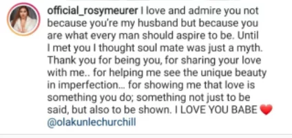 'Until I met you I thought soulmate was just a myth'- Actress Rosy Meurer professes love for her husband Olakunle Churchill on IG