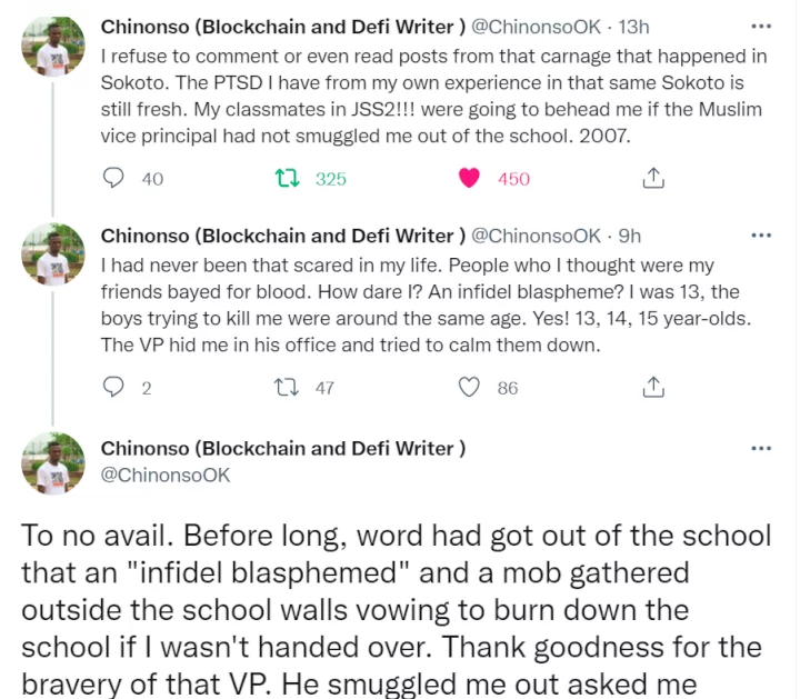 Twitter user recounts how he was almost killed for blasphemy in JSS 2 in Sokoto state but was saved by his school's Muslim Vice Principal