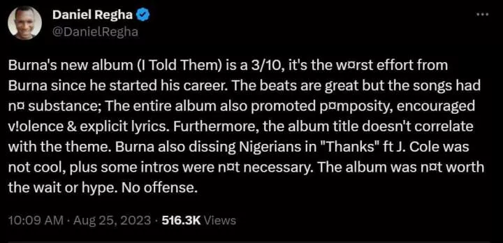 Critic describes Burna Boy's new album 'I Told Them...' as 'worst career effort'