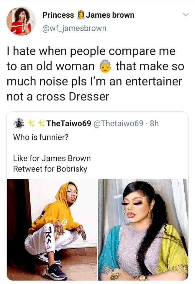 Old woman making too much noise – James Brown drags Bobrisky