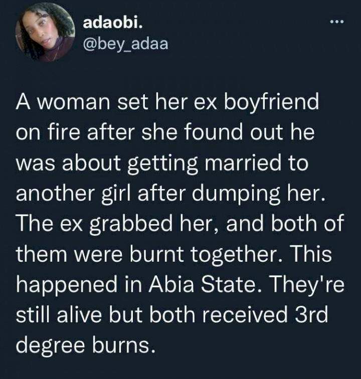 Woman suffers severe burn after setting ex-boyfriend on fire during wedding to another woman in Abia