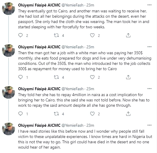 Raped severally by different until she lost her baby - Nigerian lady who was deceived by a man she met online to leave Nigeria for ''Cairo'' shares her sad story