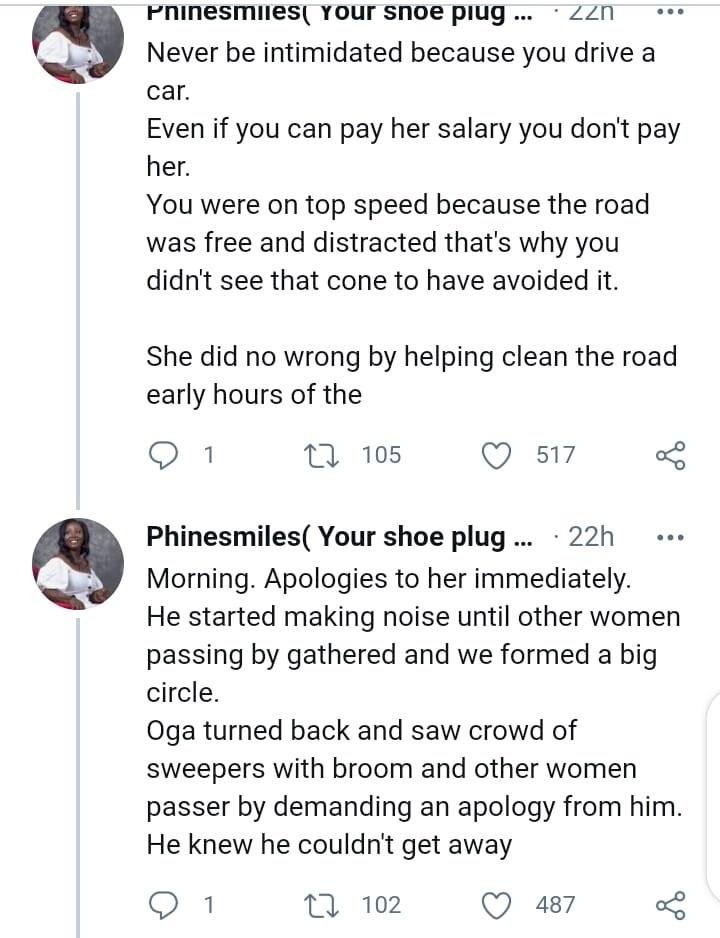 Lady reveals how she made a pompous driver pay for damages to a road sweeper he almost knocked down