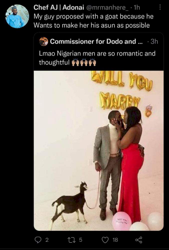 'Nigerian men are so romantic'- Reactions as man propose to his girlfriend with a goat