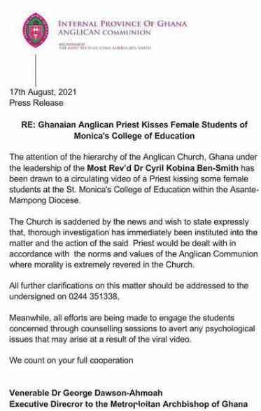 Anglican church releases press statement to address viral video of a priest kissing 3 female students