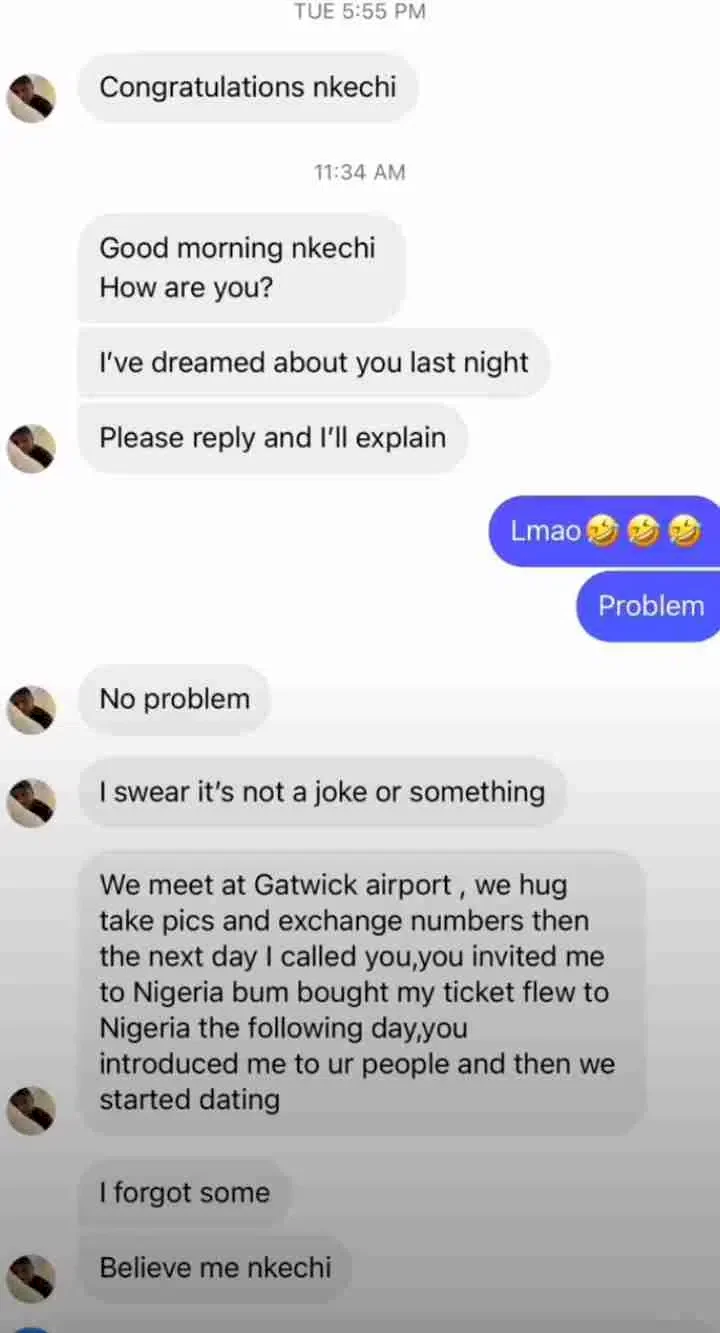 Nkechi Blessing shares chat with Gambian man who said they dated in his dream