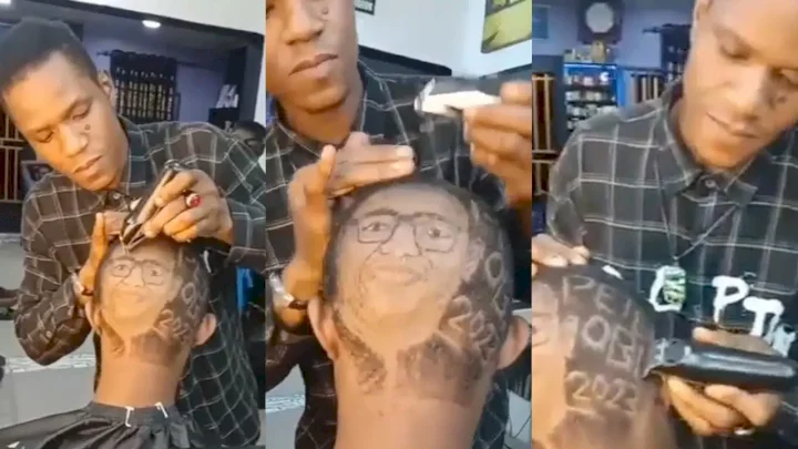 Barber wows netizens as he skillfully carves Peter Obi's face on customer's hair (Video)