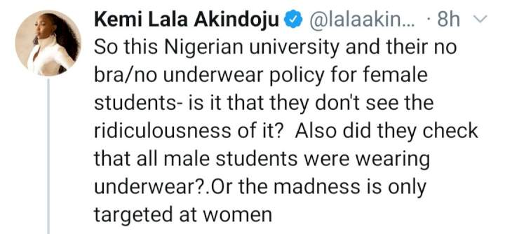 'Is the madness only targeted at women?' Kemi Lala Akindoju reacts to the underwear policy issued to female students by a Nigerian University