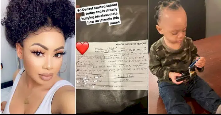 "How do I handle this?" - Nina Ivy cries out as her two-year-old son bullies, pulls girl's hair in school, shares report she received from teacher