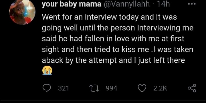 Lady narrates how an interviewer tried kissing her during an interview session