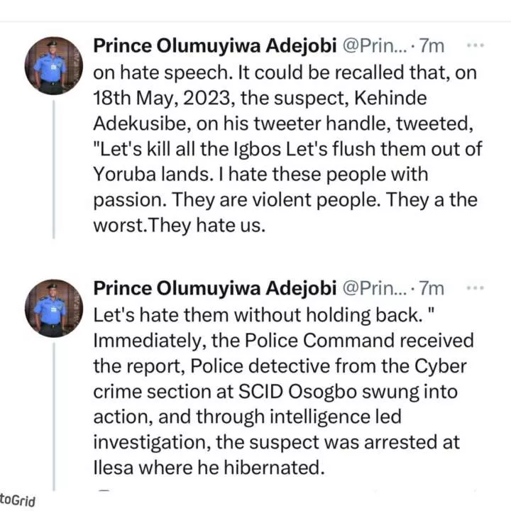 Police arrests man who tweeted ?Lets k!ll all Igbos and flush them out of Yorubaland?