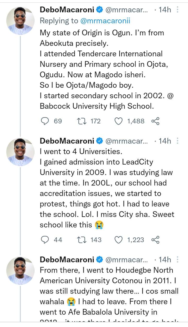 Mr Macaroni recounts how he struggled through four universities before finally graduating