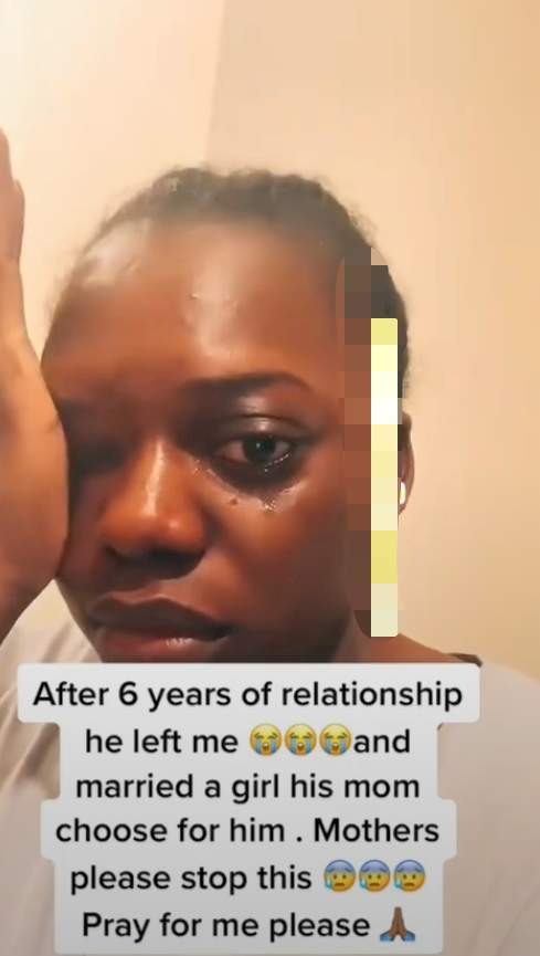 Young lady weeps after boyfriend of 6 years left her to marry a girl his mom chose for him