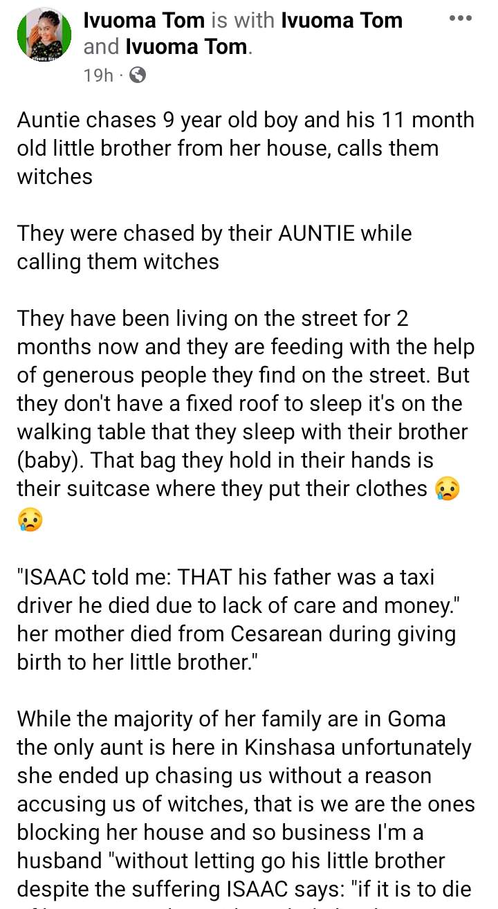 Sad story of how a 9-year-old boy and his 11-month-old sibling were expelled from home by their auntie who accused them of being witches