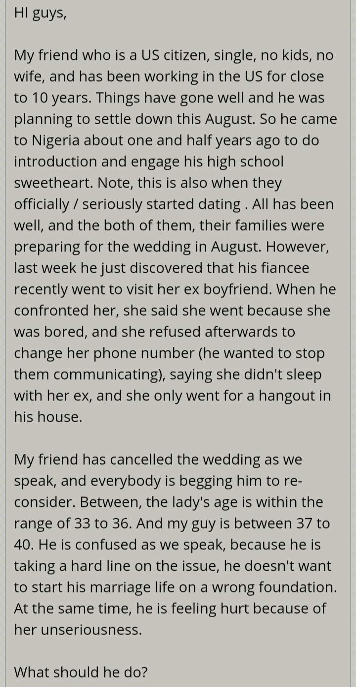 Man reportedly cancels his wedding after his fiancee went to her ex boyfriend's house to visit after engagement