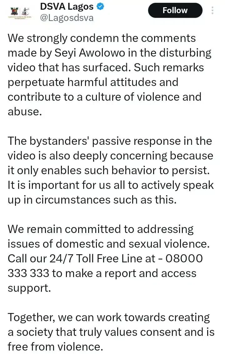 Lagos Domestic Violence and Sexual Violence Agency condemns Seyi's disturbing remarks