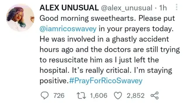 Doctors struggle to resuscitate Ricoswavey after being involved in ghastly car accident