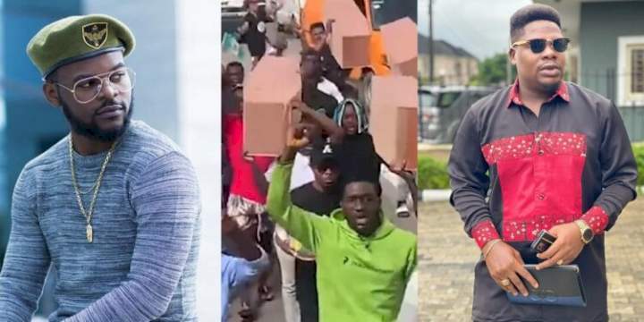 #EndSARS memorial: Falz, Mr Macaroni join youths as they march with dummy coffins at Lekki Tollgate (Photos/Video)