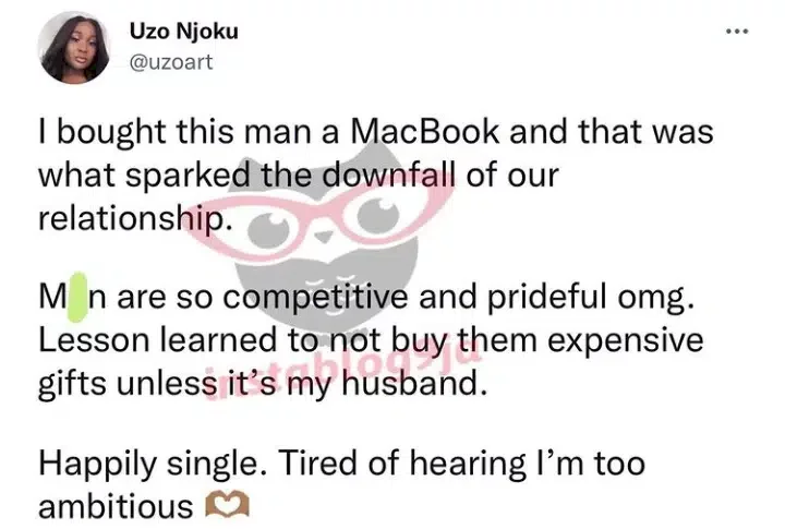 'Men are so prideful' - Lady laments over competitive boyfriend who left her because she got him a MacBook