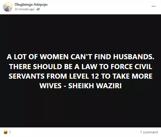 Islamic cleric urges lawmakers to institute law forcing civil servants to marry more wives